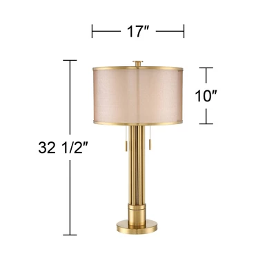 Possini Euro Design Granview Modern Table Lamp 32 1/2" Tall Brass Column Taupe Organza Outer Off White Linen Inner Drum Shade For Bedroom Living Room 9 Possini Euro Design Granview Modern Table Lamp 32 1/2" Tall Brass Column Taupe Organza Outer Off White Linen Inner Drum Shade For Bedroom Living Room - Image 7