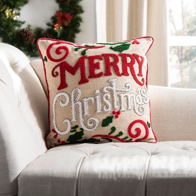 Merry Merry Pillow - Green/Red/Beige - 18" X 18" - Safavieh 4 Merry Merry Pillow - Green/Red/Beige - 18" X 18" - Safavieh - Image 2