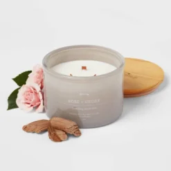 14oz Lidded Gray Glass Jar Crackling Wooden 3-Wick Candle With Clear Label Rose + Cedar - Threshold™ 5 14oz Lidded Gray Glass Jar Crackling Wooden 3-Wick Candle With Clear Label Rose + Cedar - Threshold™ -Home Decor GUEST 07a199cc 0b25 4478 8f4e 852aa47b216a