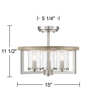 Possini Euro Design Senna Modern Industrial Ceiling Light Semi Flush Mount Fixture 15" Wide Brushed Nickel Gray Wood 3-Light Clear Glass For Bedroom 8 Possini Euro Design Senna Modern Industrial Ceiling Light Semi Flush Mount Fixture 15" Wide Brushed Nickel Gray Wood 3-Light Clear Glass For Bedroom - Image 6