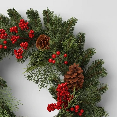 28" Mixed Greenery And Cedar With Pinecones And Red Berries Artificial Christmas Wreath Green - Wondershop™ 4 28" Mixed Greenery And Cedar With Pinecones And Red Berries Artificial Christmas Wreath Green - Wondershop™ - Image 2
