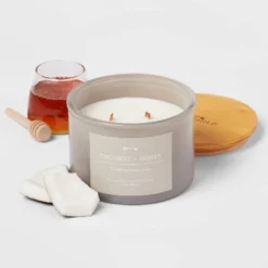 14oz Lidded Gray Glass Jar Crackling Wooden 3-Wick Candle With Paper Label Coconut And Honey - Threshold™ 5 14oz Lidded Gray Glass Jar Crackling Wooden 3-Wick Candle With Paper Label Coconut And Honey - Threshold™ -Home Decor GUEST 49910140 50ed 4b49 9d77 e432059cd2cf