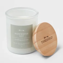 9oz Milky White Glass Woodwick Candle With Wood Lid And Stamped Logo Rainwater Lily - Threshold™ 5 9oz Milky White Glass Woodwick Candle With Wood Lid And Stamped Logo Rainwater Lily - Threshold™ -Home Decor GUEST 4d79ad99 bd6e 4245 8b1a 472320536b1d
