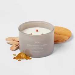 14oz Lidded Gray Glass Jar Crackling Wooden 3-Wick Candle With Clear Label Applewood + Amber - Threshold™ 5 14oz Lidded Gray Glass Jar Crackling Wooden 3-Wick Candle With Clear Label Applewood + Amber - Threshold™ -Home Decor GUEST 4ef9329d 7776 4bc4 bffe 13ed310a7279