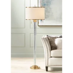 Possini Euro Design Cadence Modern Floor Lamp Standing 62" Tall Crystal Glass Column Satin Brass Linen Drum Shade For Living Room Bedroom Office House