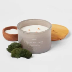 14oz Lidded Gray Glass Jar Crackling Wooden 3-Wick Candle With Clear Label Ocean Air + Moss - Threshold™ 5 14oz Lidded Gray Glass Jar Crackling Wooden 3-Wick Candle With Clear Label Ocean Air + Moss - Threshold™ -Home Decor GUEST 6168a2c1 645b 45ed 9cc6 880a352a2acf