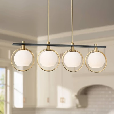 Possini Euro Design Carlyn Brass Black Linear Island Pendant Chandelier 33" Wide Modern White Glass Shade 4-Light LED Fixture For Dining Room Kitchen 3 Possini Euro Design Carlyn Brass Black Linear Island Pendant Chandelier 33" Wide Modern White Glass Shade 4-Light LED Fixture For Dining Room Kitchen