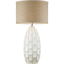 Possini Euro Design Cosgrove Modern Mid Century Table Lamp 32 3/4" Tall White Glazed Ceramic Beige Fabric Drum Shade For Bedroom Living Room Bedside -Home Decor GUEST 87b80e2d 8cd2 4d8b aa40 8cddab0699a1