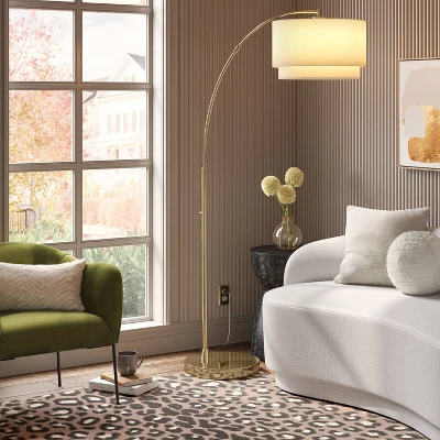 Knurled Metal Arc Floor Lamp With Tiered Shade Brass - Threshold™ 3 Knurled Metal Arc Floor Lamp With Tiered Shade Brass - Threshold™