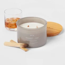 14oz Lidded Gray Glass Jar Crackling Wooden 3-Wick Candle With Clear Label Whiskey + Oak - Threshold™ 5 14oz Lidded Gray Glass Jar Crackling Wooden 3-Wick Candle With Clear Label Whiskey + Oak - Threshold™ -Home Decor GUEST c994828f 4a70 488b 9bf2 14e864c98567